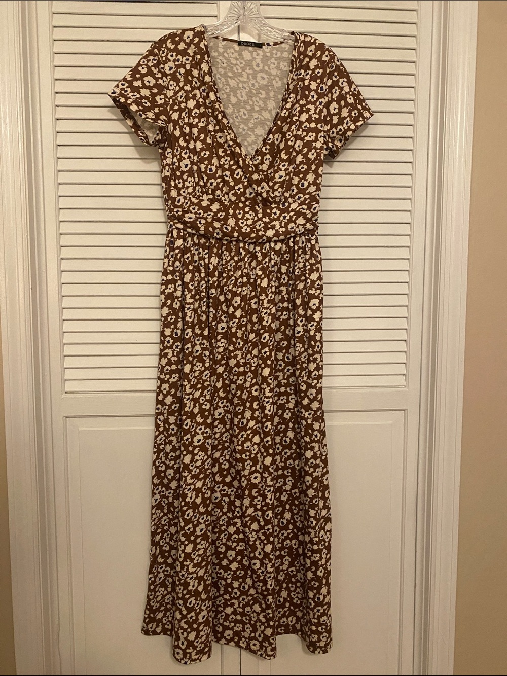 Brown Floral V-Neck Maxi Dress with Elastic Waist